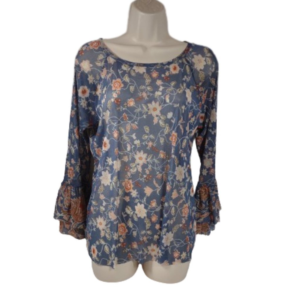 Evereve Allison Joy Blue Calla Floral Mesh Top Women's Size Medium Long Sleeve